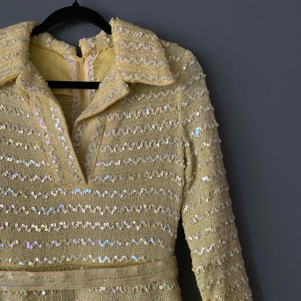 SOLD Vintage 1960s Yellow Sequin Knit Dress with Belt and Scarf - Picture 3 of 11